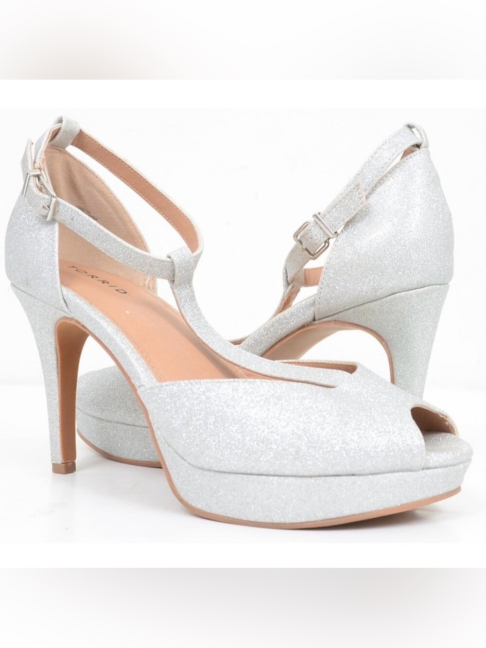Torrid Silver Shimmer T-Strap Platform Heel 10.5 Wide Width Formal Wedding